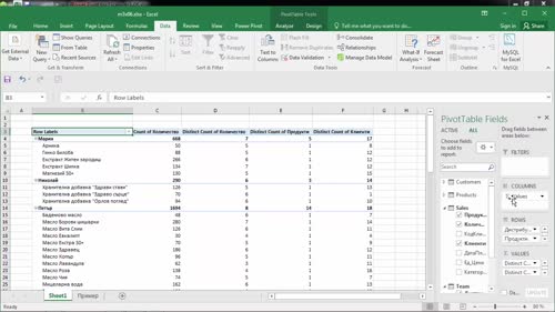 Преброяване на уникални стойности в пивот таблицата от data модела - функция DistinctCount