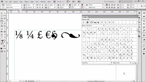Панелът Glyphs