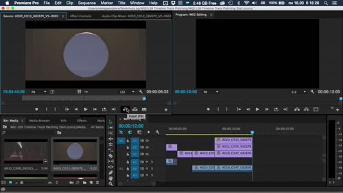 Посочване на тракове за извършване на монтажа (Timeline Track Patching)