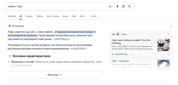 Пример за AI Overview в Google с автоматично генериран отговор