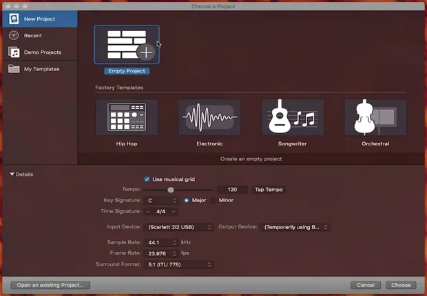 Композиране на песен с Logic Pro X - empty project