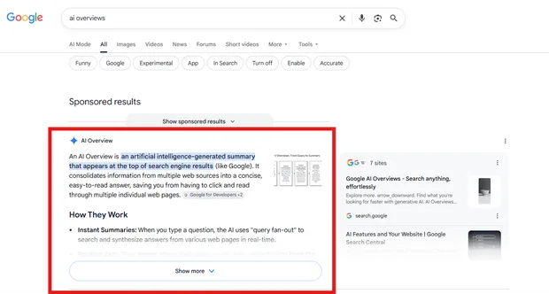Пример за AI Overview в Google с автоматично генериран отговор