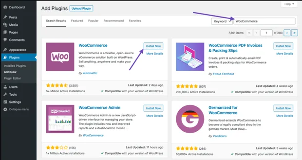 Инсталиране на woocommerce от директорията за разширения на WordPress