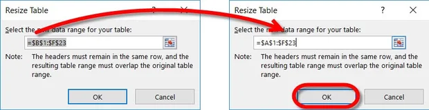 как да разширим диапазон таблица excel