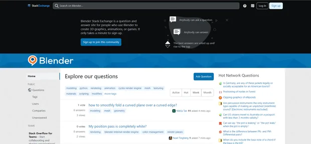 blender stack exchange - екранна снимка на форум за въпроси и отговори, където потребителите могат да задават конкретни въпроси свързани с Blender и да получават отговори от общността - - ресурси за blender