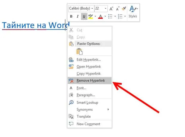 изключване на хиперлинк в word