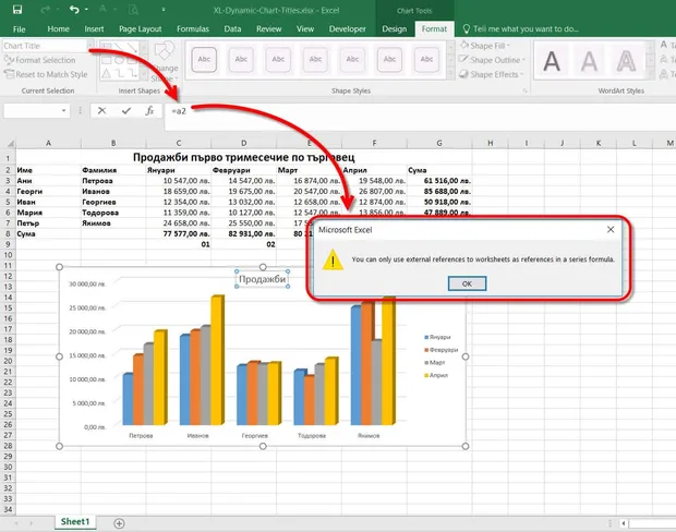 динамично заглавие диаграма excel