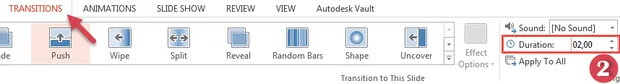 Настройка на Duration в раздел Transitions в PowerPoint