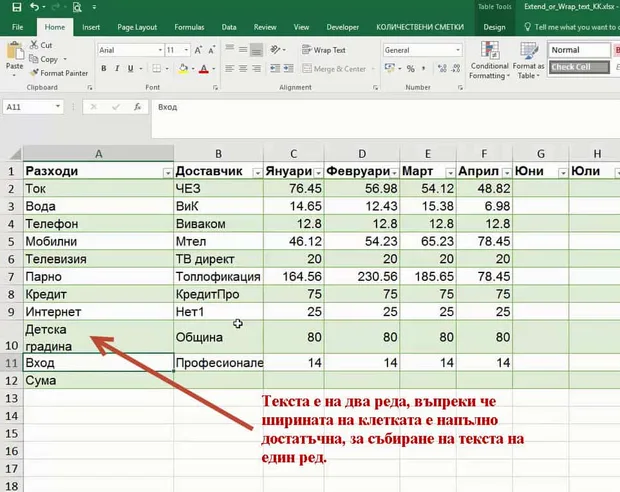 Текст на два реда в една клетка
