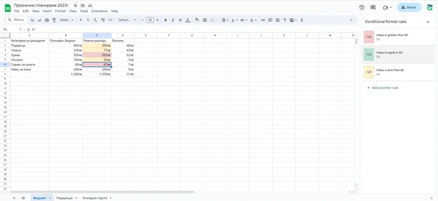 Excel за планиране на празници - условно форматиране