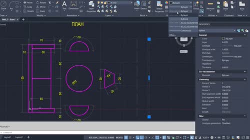 Свойства на слоевете. Цветове, дебелина и тип линия (ByLayer)
