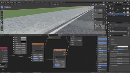 Създаване на материал на бордюра тип Procedural с текстурните нодове Brick (тухла) и Noise (шум)