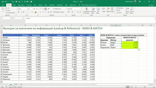 Формули с комбинация от функции INDEX и MATCH с точно съответствие по ред и колона