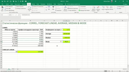 Функции - CORREL, FORECAST.LINEAR, AVERAGE, MEDIAN & MODE