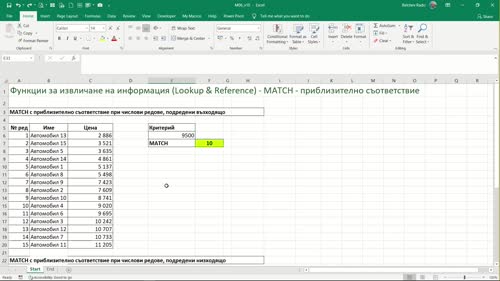 Функция MATCH с приблизително съответствие