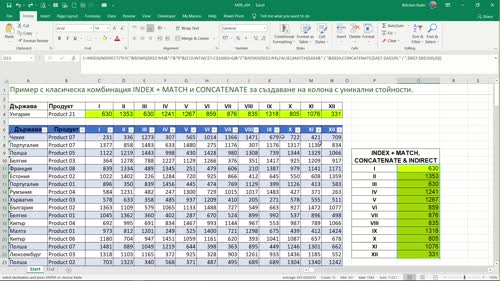 Пример с array формула, комбинираща INDEX + MATCH,  CONCATENATE и INDIRECT