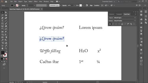 Алтернативно изписване, панели OpenType и Glyphs