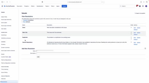 Ключови елементи: Workflows - видове статуси, Transitions, Resolutions